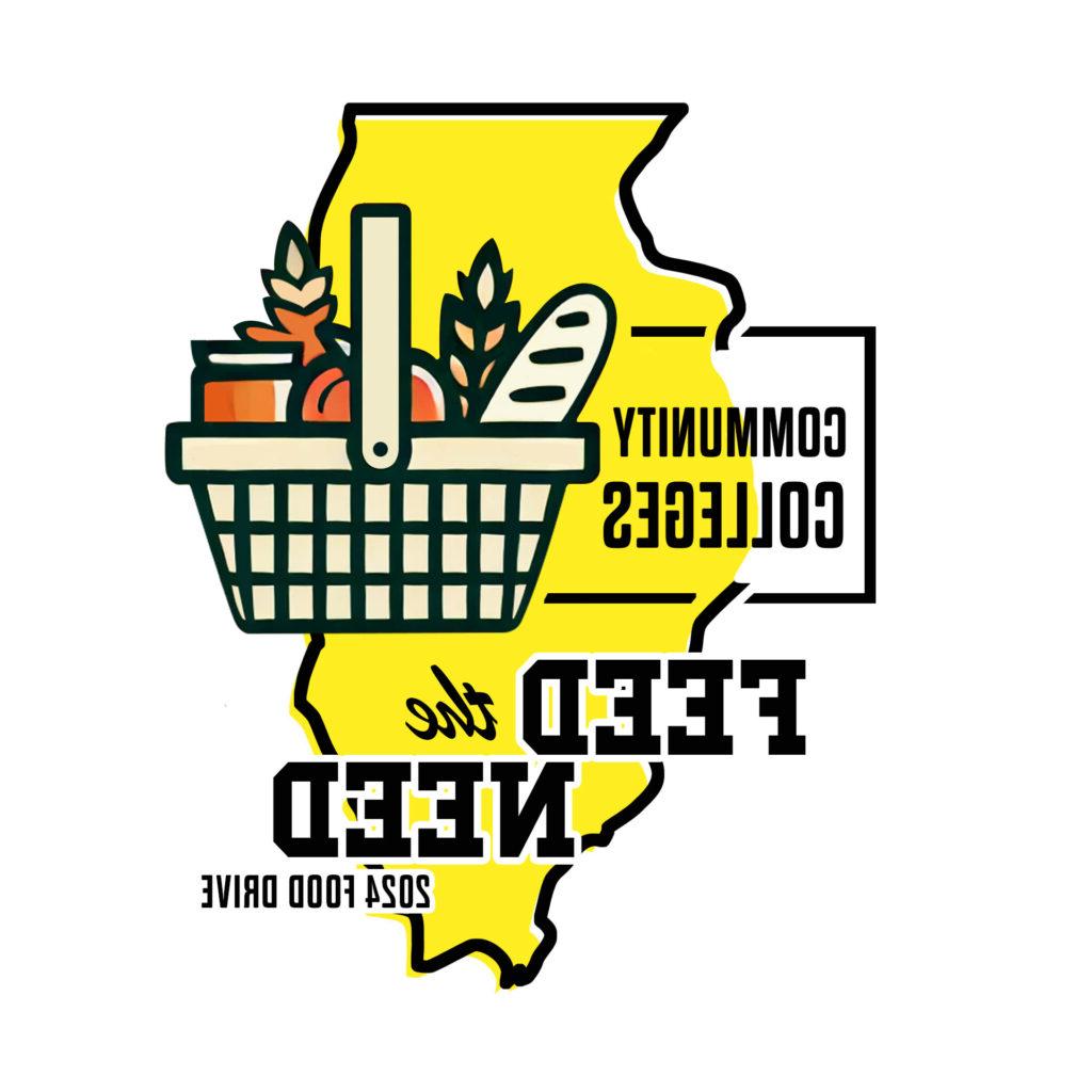 illustration of state of Illinois with basket of food and text Community Colleges Feed the Need 2024 food drive